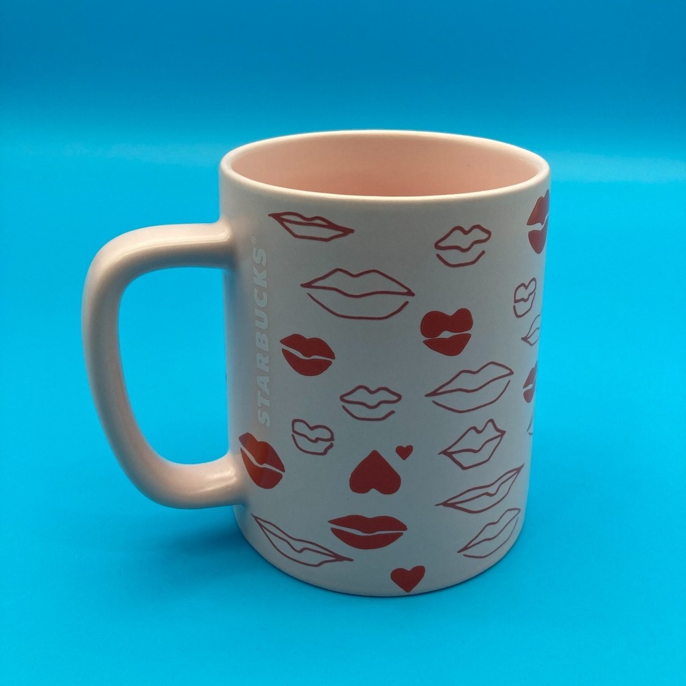Starbucks Light Pink Valentine's Day Ceramic Coffee Mug Lips Hearts 14 Oz 2020